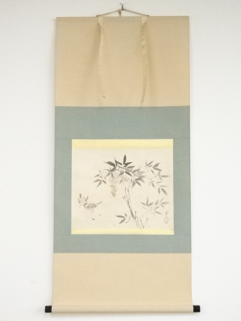 JAPANESE HANGING SCROLL / HAND PAINTED / HEAVENLY BAMBOO & SPARROW